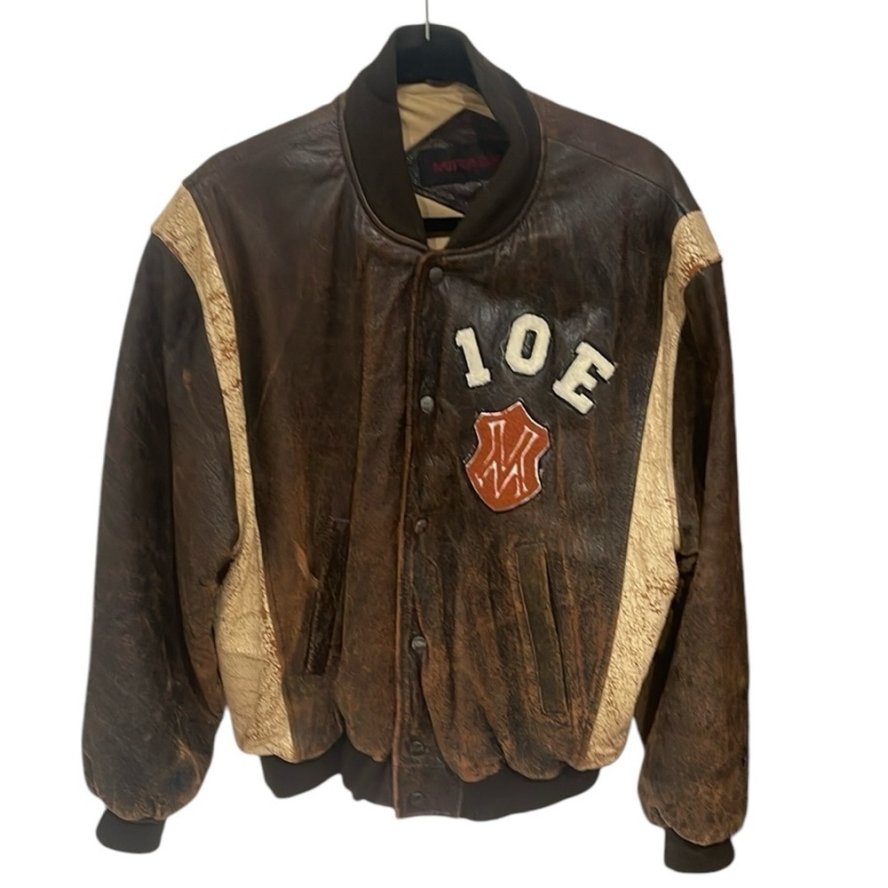 Vintage Mirage Distressed Leather Bomber Varsity Jacket Brown Cream SZ M